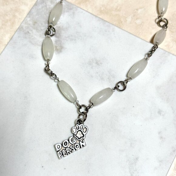 Genuine Milky Quartz Short Necklace, Gemstone w/ Dog Person Paw Print Pendant - Picture 5 of 15